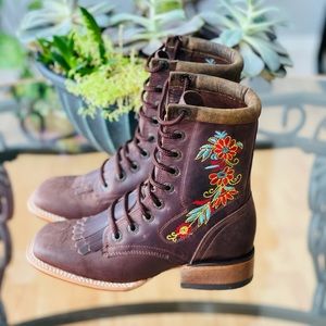 Western Bootie Brown With Flowers.